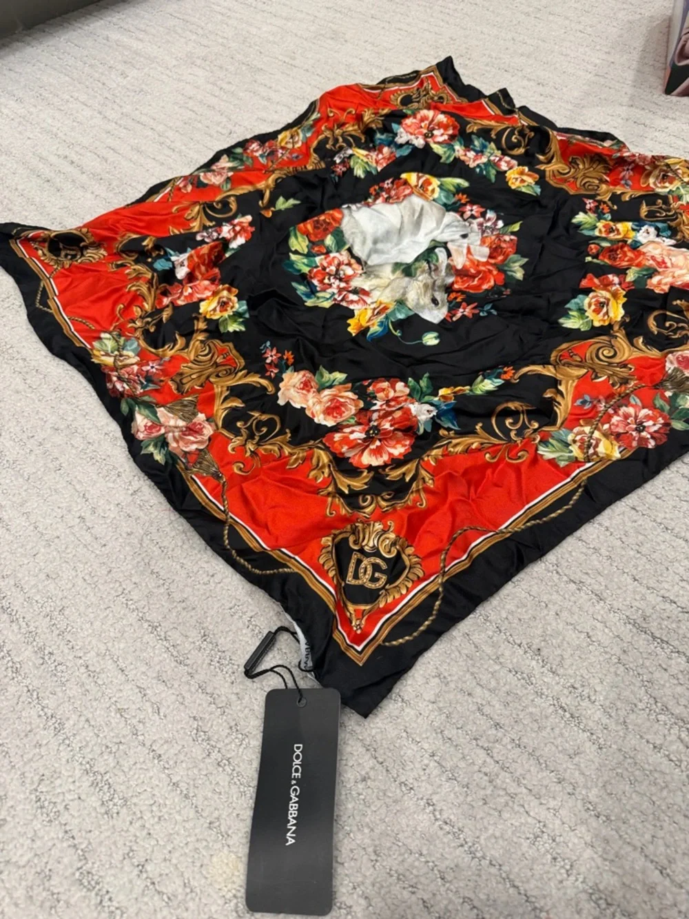 Dolce & Gabbana Black & Red Floral Baroque Silk Scarf - Picture 1 of 7